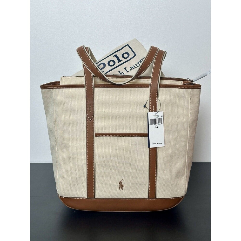 NWT Polo Ralph Lauren Women's Leather-Trim Canvas Medium Shopper Tote Ecru/Cuoio - Picture 2 of 6